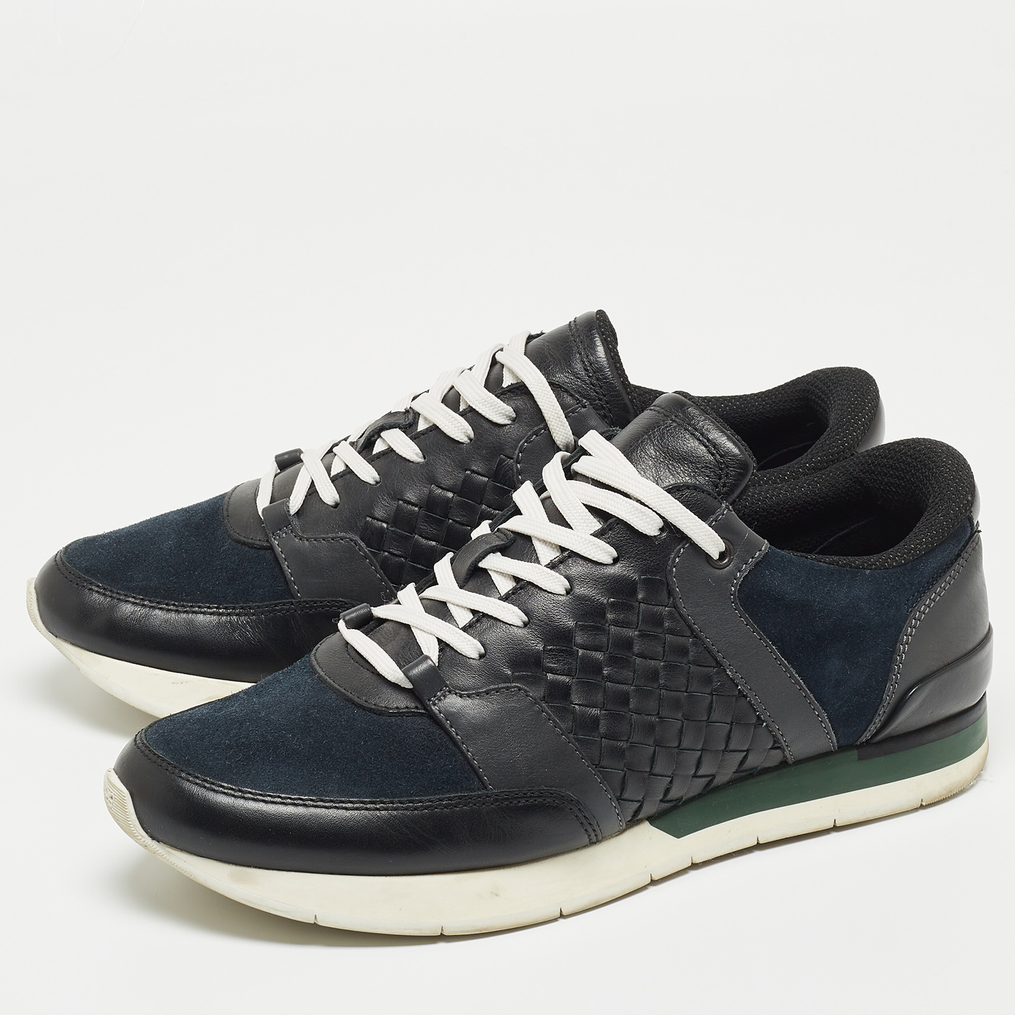 

Bottega Veneta Navy Blue/Black Intrecciato Leather and Suede Lace Up Sneakers Size