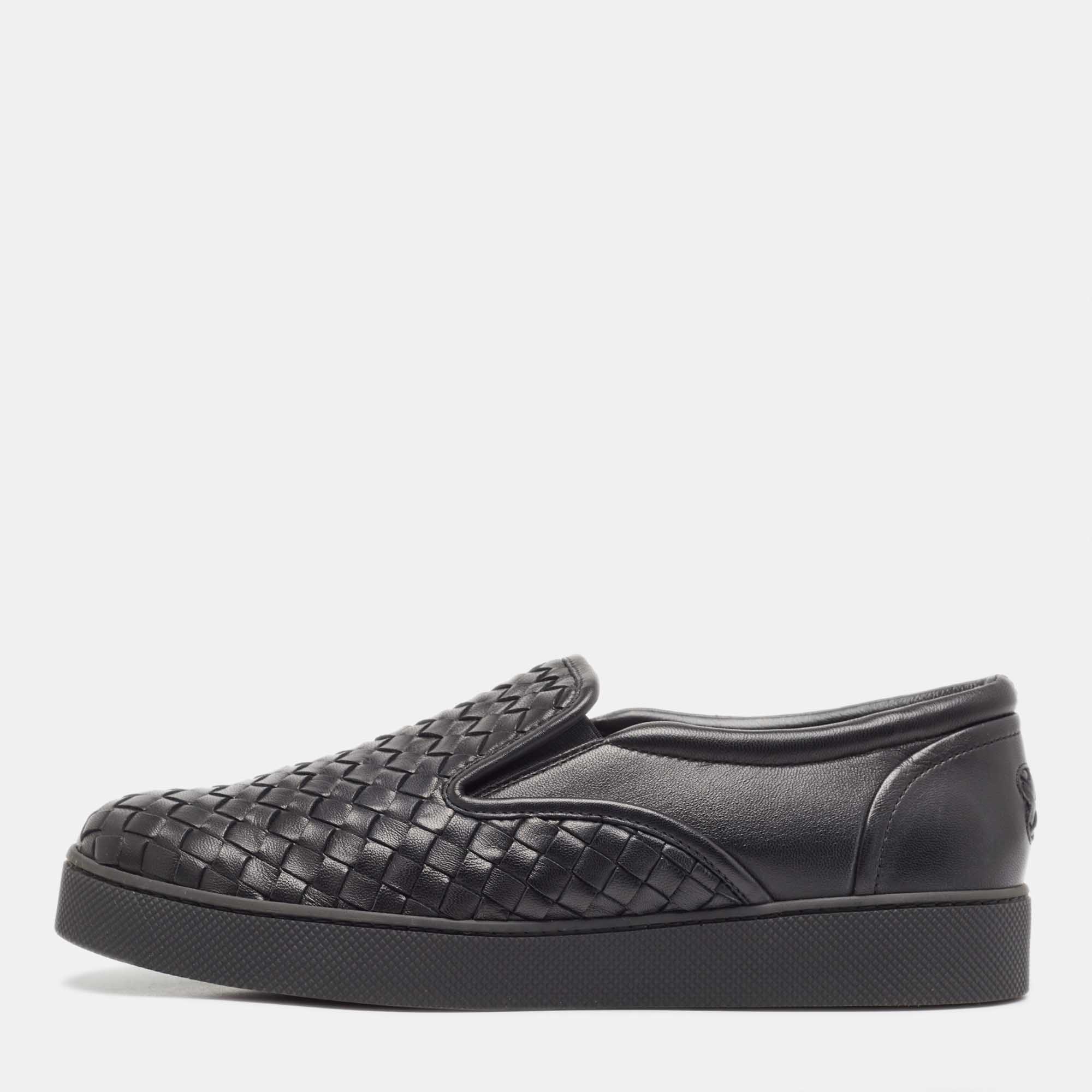 

Bottega Veneta Black Intrecciato Leather Slip On Sneakers Size