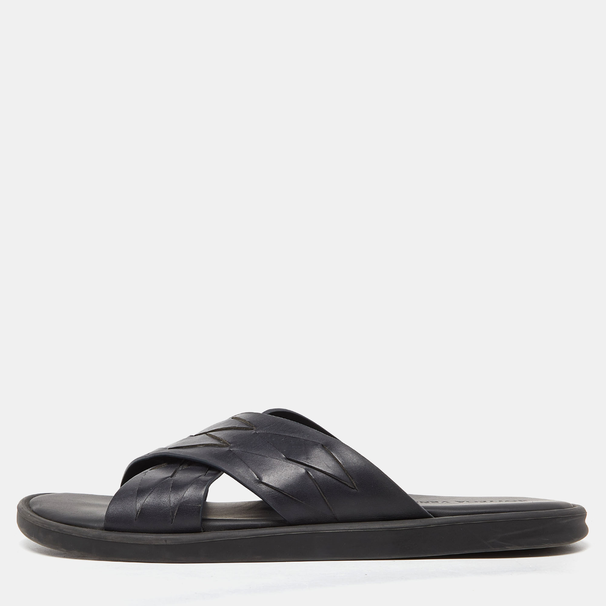 

Bottega Veneta Black Woven Leather Cross Strap Flat Slides Size