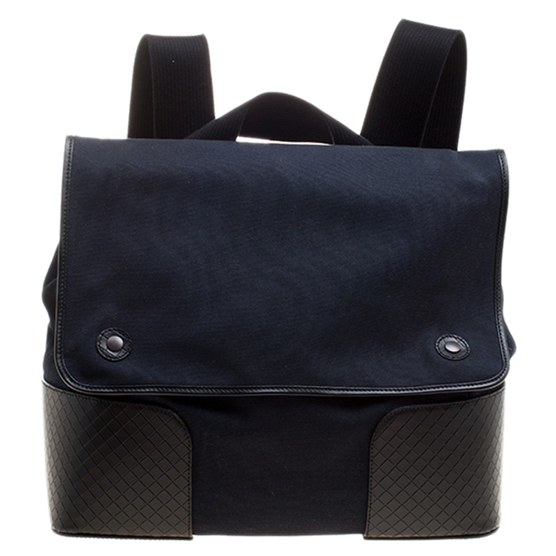 Bottega Veneta Navy Blue/Black Canvas and Intrecciato Leather Backpack 