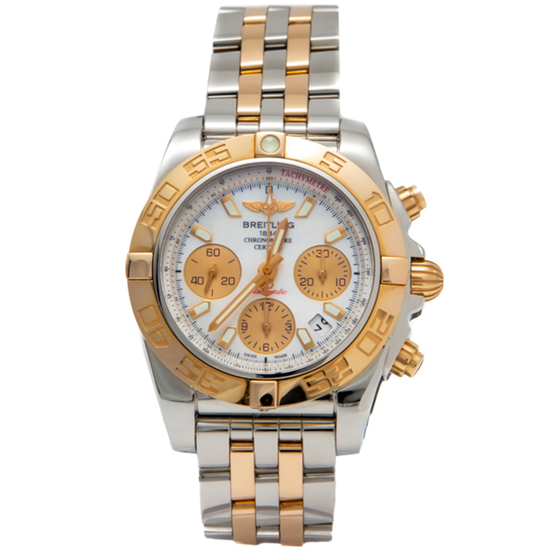 Pre Owned Breitling White 18K Rose Gold Stainless Steel Chronomat CB0140 Men's Wristwatch 41 mm