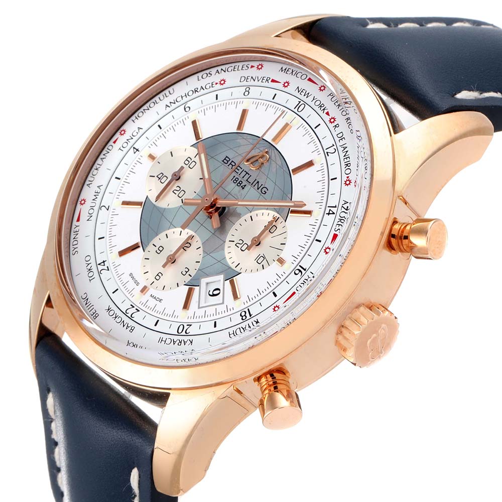 

Breitling Silver 18K Rose Gold Transocean Chronograph Unitime RB0510 Men's Wristwatch 46 MM