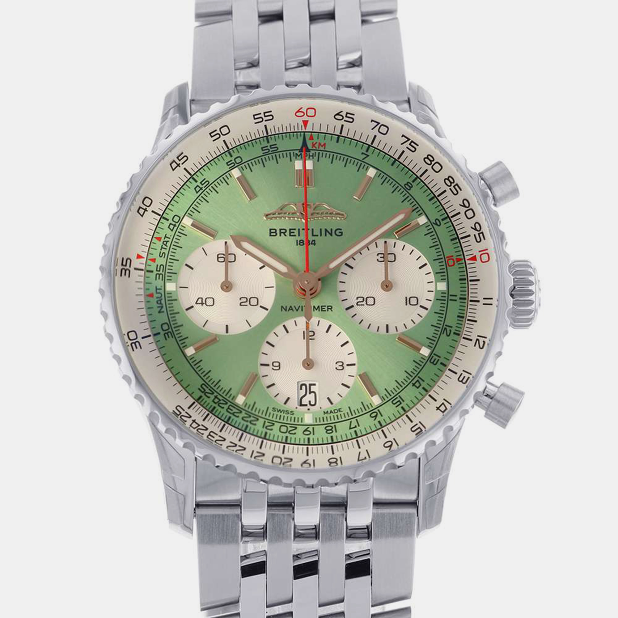 Pre-owned Breitling Green Stainless Steel Navitimer Ab0139211l1a1 Automatic Men's Wristwatch 41 Mm