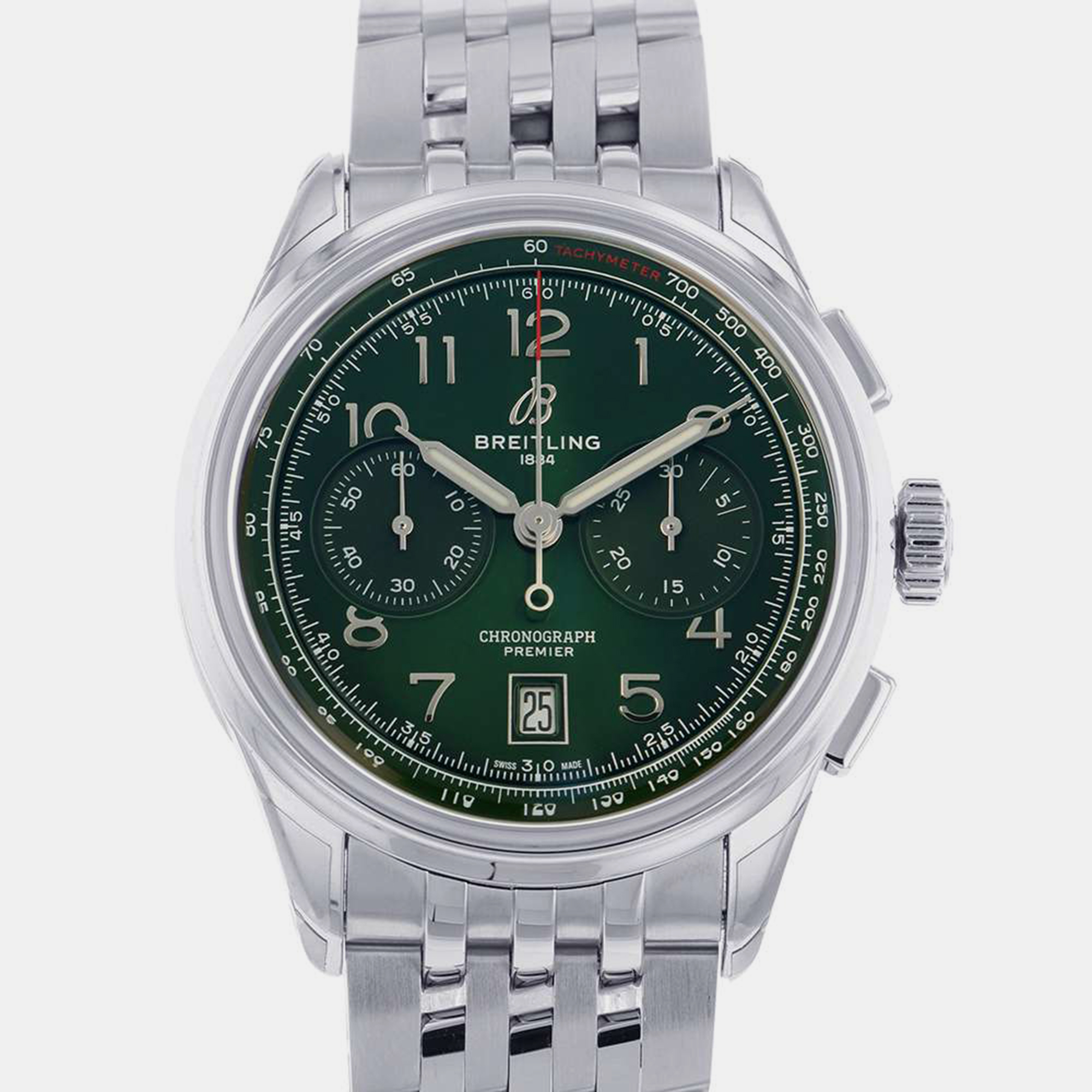 Pre-owned Breitling Green Stainless Steel Premier Ab0145371l1a1 Automatic Men's Wristwatch 42 Mm