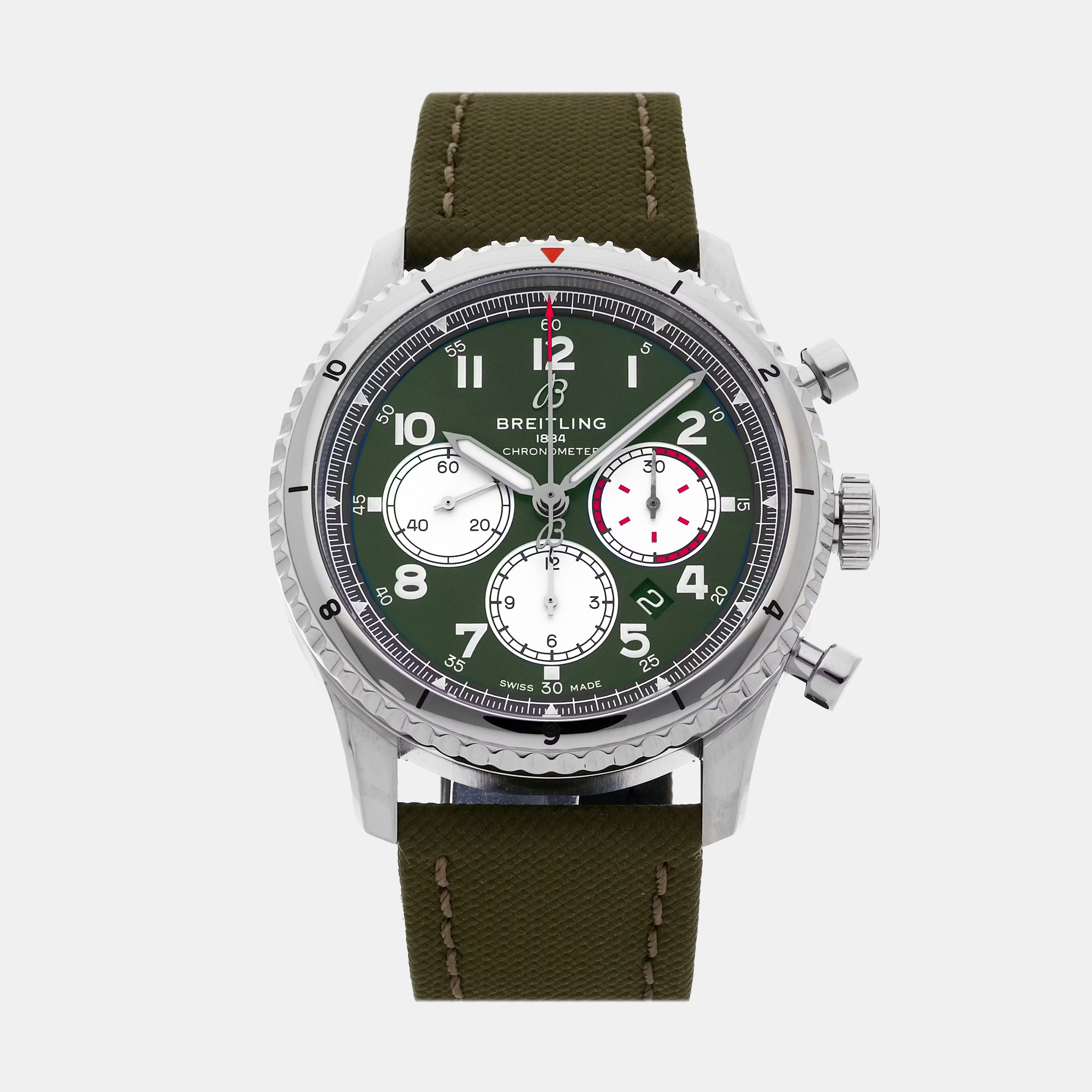

Pre-Owned Breitling Aviator 8 B01 Chronograph Curtiss Warhawk AB01192A1L1X1, Green