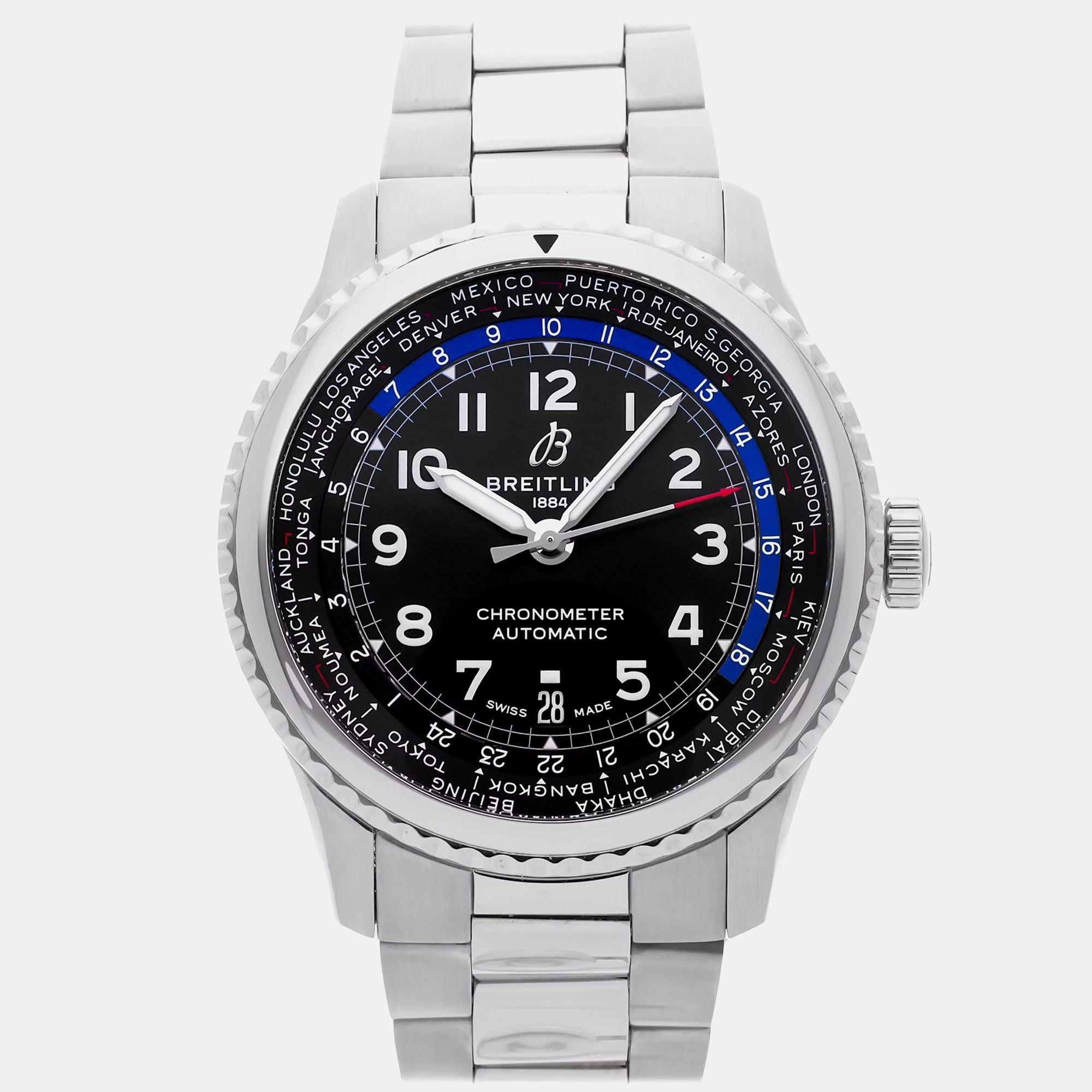 Pre-owned Breitling Aviator 8 B35 Unitime 43 Ab3521u41b1a1 Black Stainless Steel Automatic Men's Watch 43mm