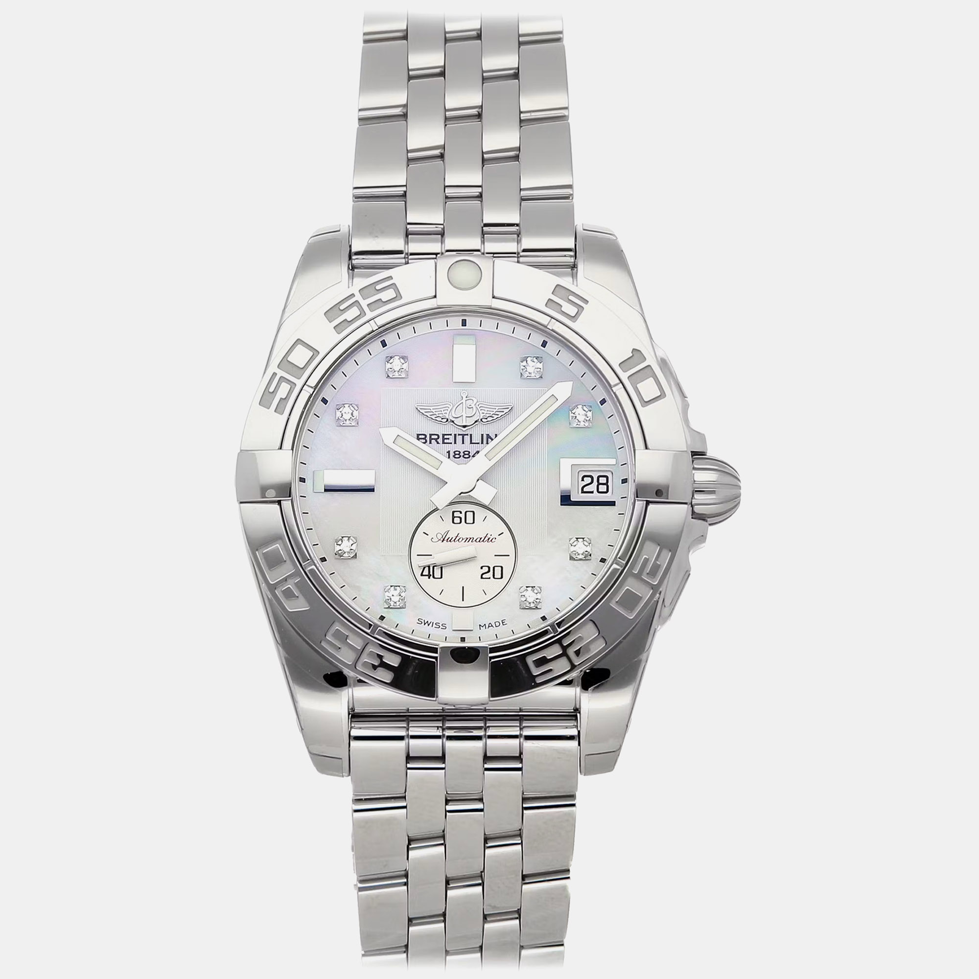 Pre-owned Breitling Galactic A37330121a1a1 Mother Of Pearl Stainless Steel Automatic Men's Watch 36mm In White