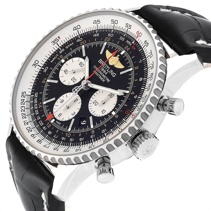 

Breitling Black Leather and Stainless Steel Navitimer GMT