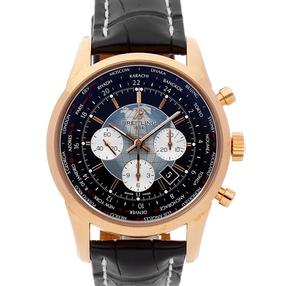 Pre Owned Breitling Black 18K Rose Gold Transocean Chrono Unitime RB0510U4/BB63 Men's Wristwatch 46 MM
