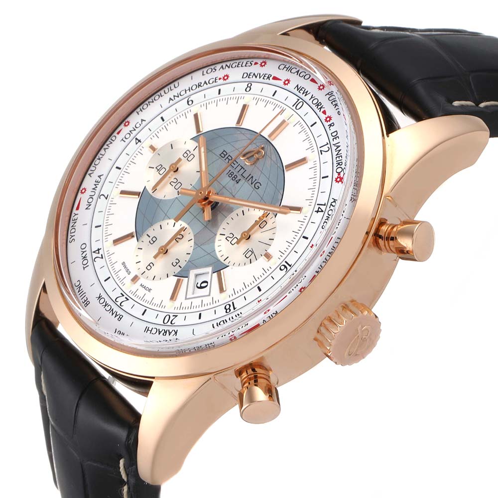 

Breitling Silver 18K Rose Gold Transocean Chronograph Unitime RB0510 Men's Wristwatch 46 MM