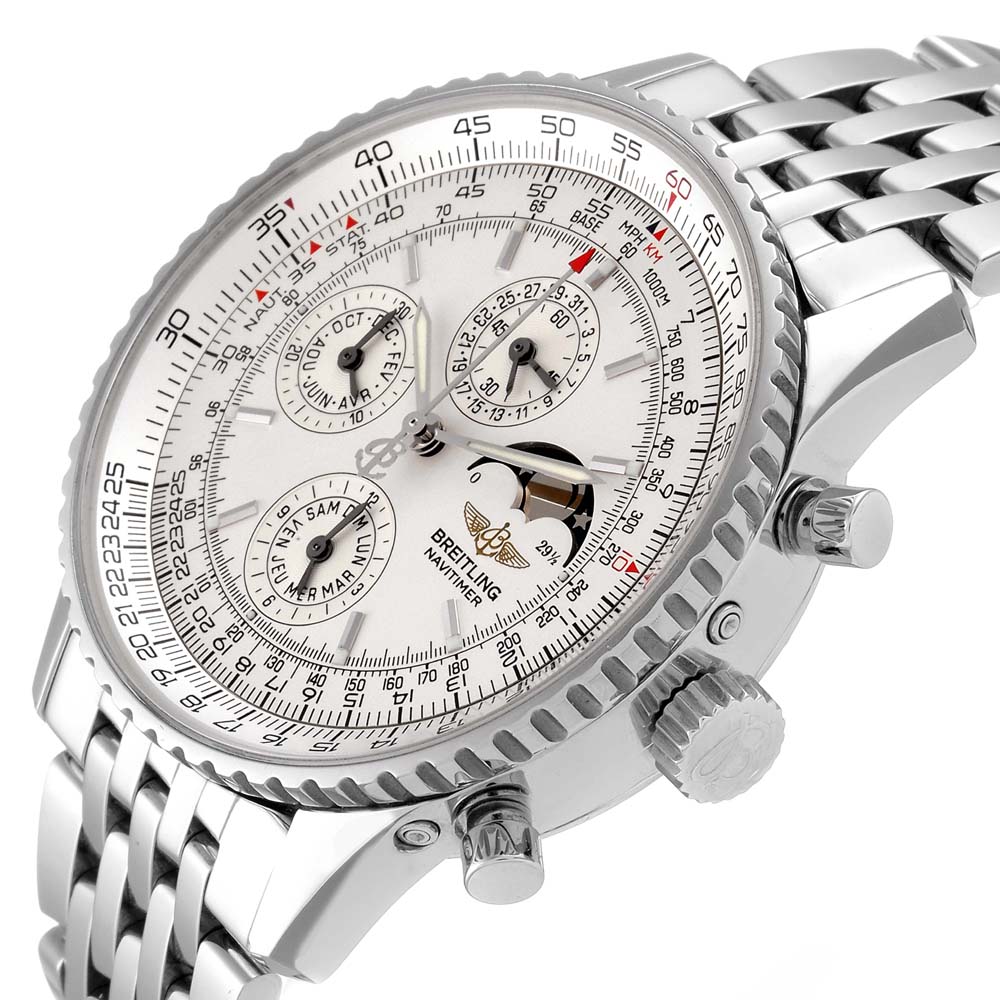 

Breitling Silver Stainless Steel Navitimer Montbrillant Olympus Moonphase A19340 Men's Wristwatch 43 MM