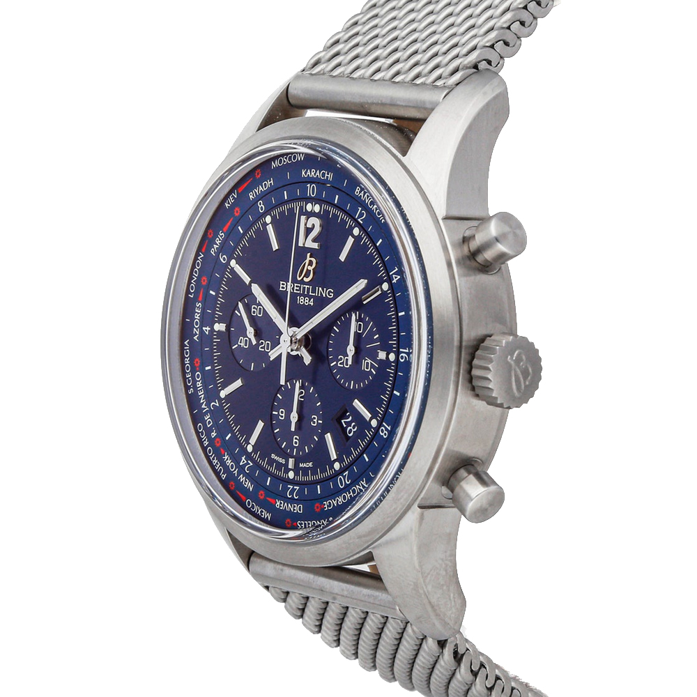 

Breitling Blue Stainless Steel Transocean Chronograph Unitime Pilot AB0510U9/C879 Men's Wristwatch 46 MM