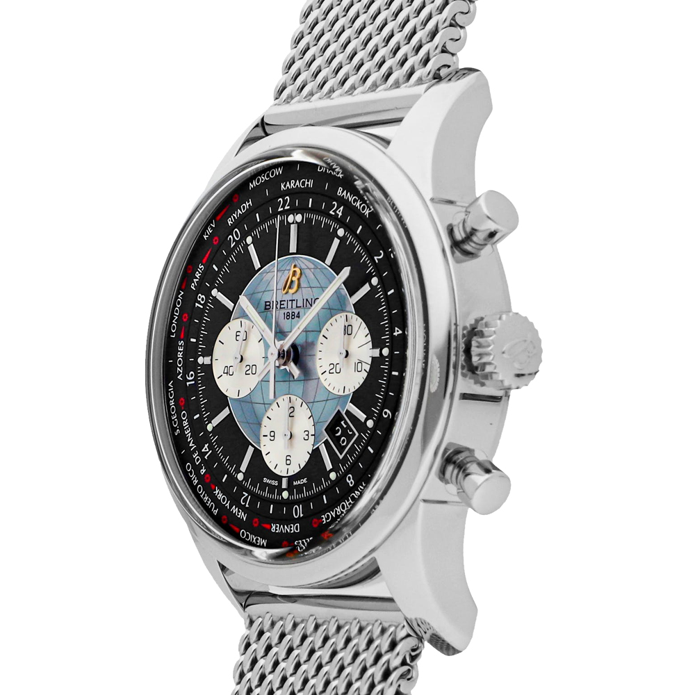 

Breitling Black Stainless Steel Transocean Chronograph Unitime AB0510U4/BB62 Men's Wristwatch 46 MM