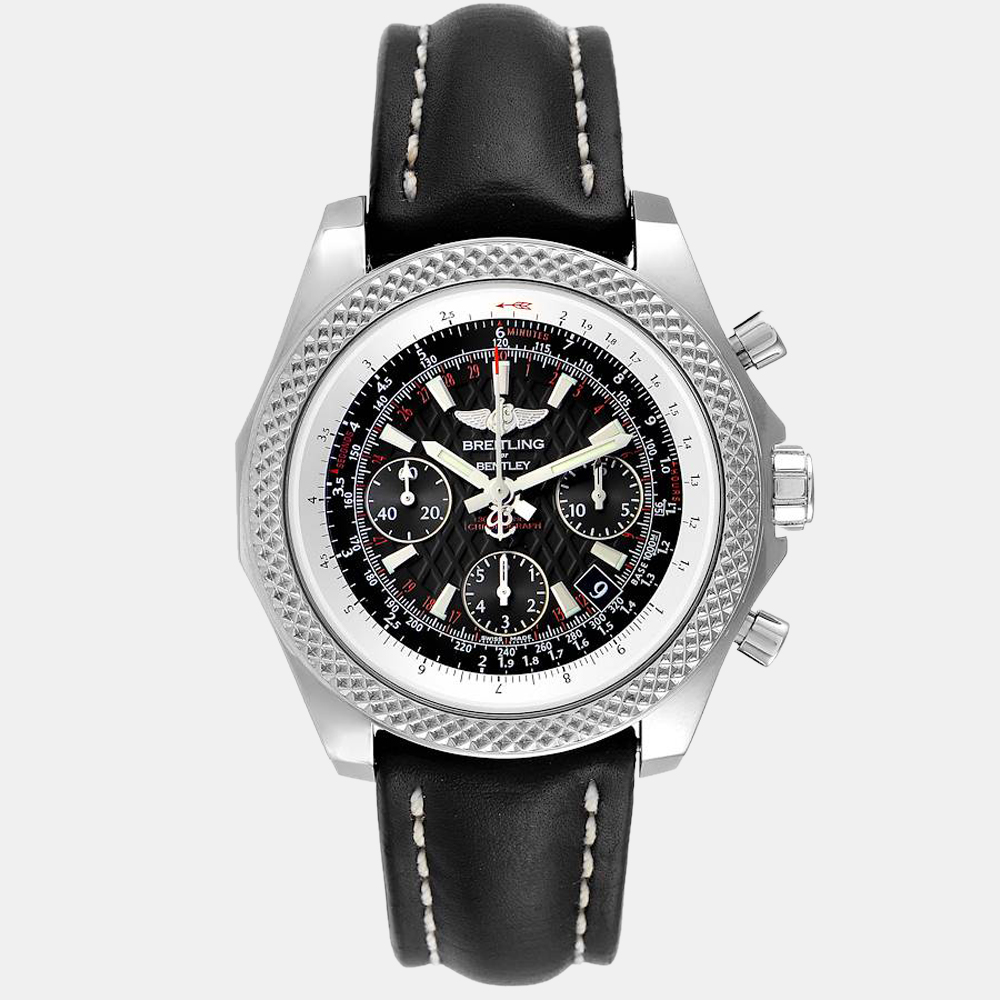 For a sophisticated and stylish appearance go for this striking Breitling Bentley wristwatch. The watch combines a black dial featuring luminous steel index hour markers luminescent stainless steel outlined hands a date calendar window between 4 and 5 and three chronograph subdials with a stainless steel case and a stainless steel Knurled (crisscrossed) bidirectional rotating bezel. It is secured by a black leather strap with a stainless steel tang buckle.