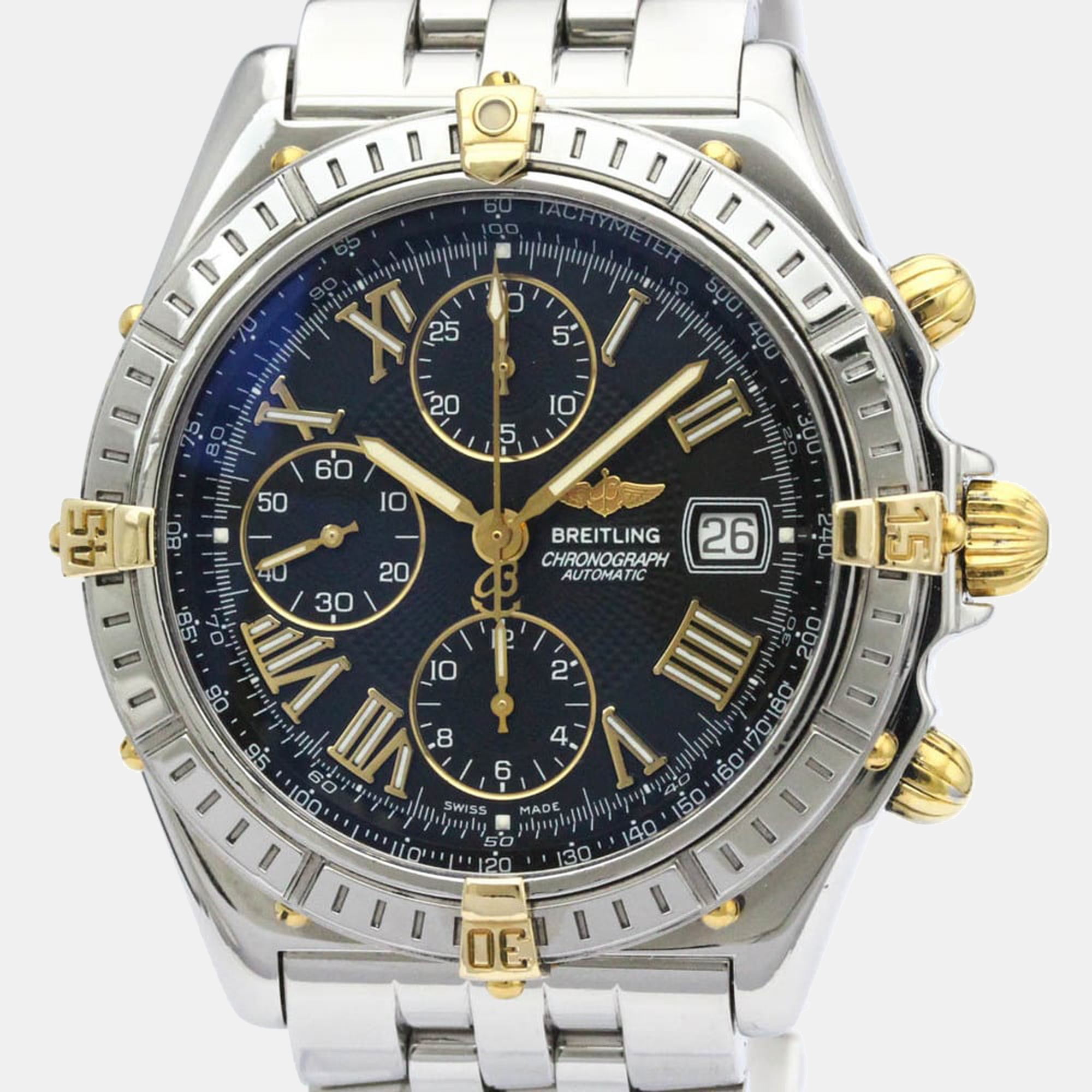 Pre-owned Breitling Black 18k Yellow Gold And Stainless Steel Crosswind Men's Wristwatch 44 Mm
