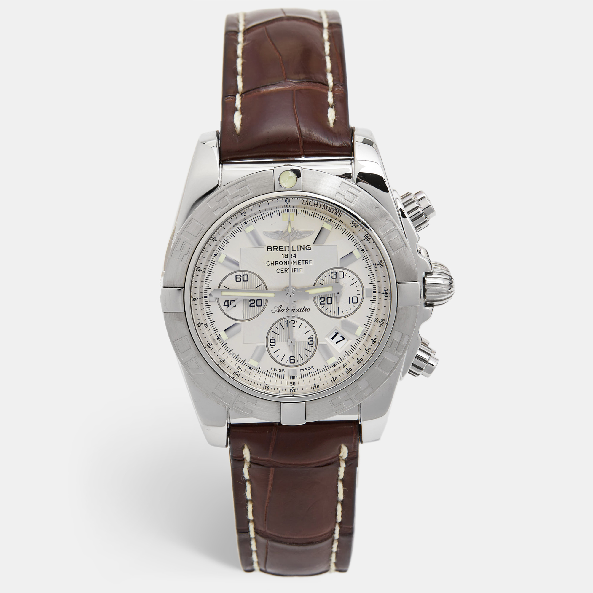 

Breitling Silver Stainless Steel Alligator Leather Chronomat AB011011G684 Men's Wristwatch, Brown