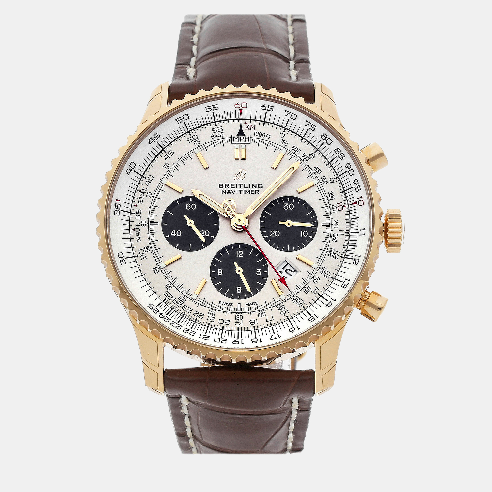 Pre-owned Breitling Silver 18k Rose Gold Navitimer Rb0127121g1p2 Automatic Men's Wristwatch 46 Mm