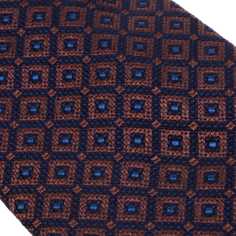 

Brioni Navy Blue and Bronze Diamond Pattern Silk Jacquard Tie