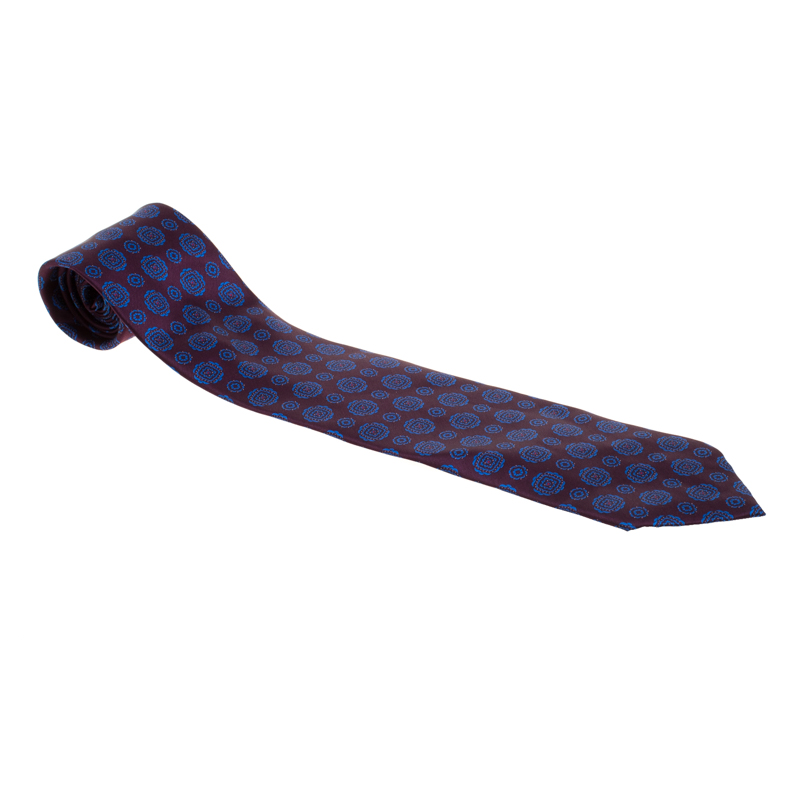 مملوكة مسبقًا Brioni Burgundy and Blue Floral Motif Printed Silk Tie