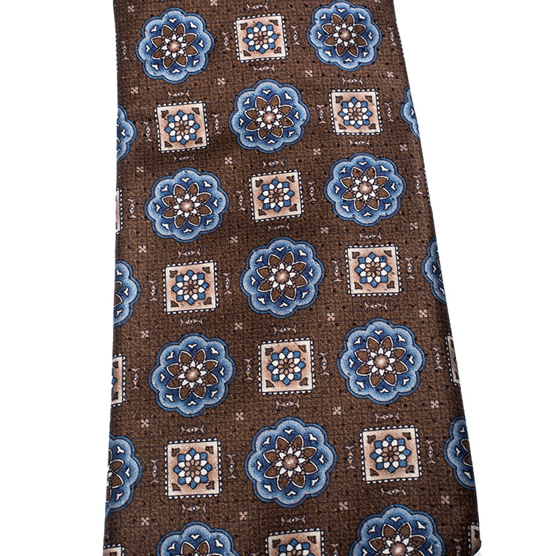 

Brioni Vintage Brown Floral and Geometric Print Silk Tie