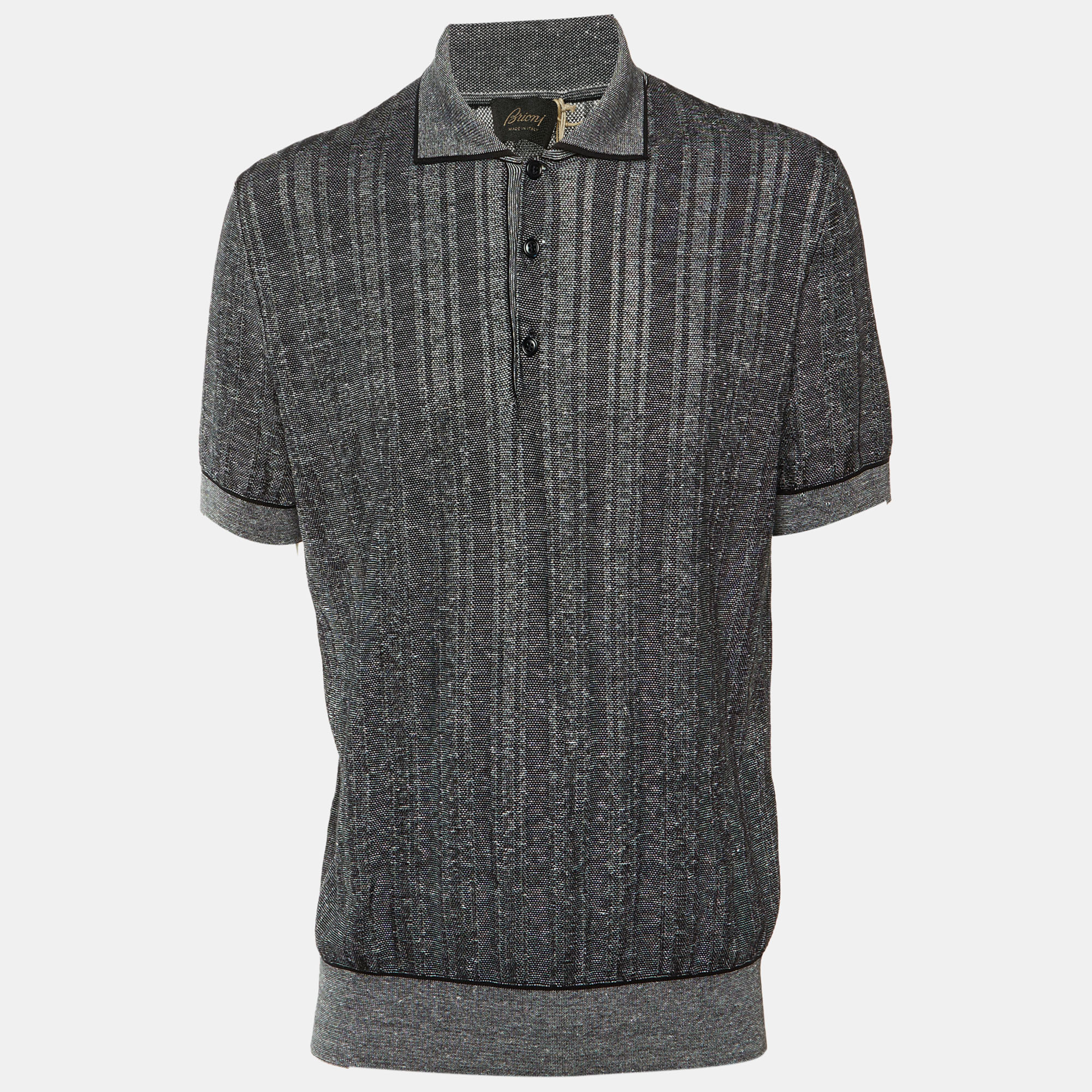 

Brioni Monochrome Striped Cotton & Linen Knit Polo T-Shirt XL, Black
