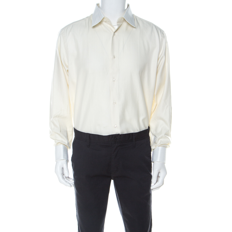 Brioni Cream Cotton Button Front Shirt L 