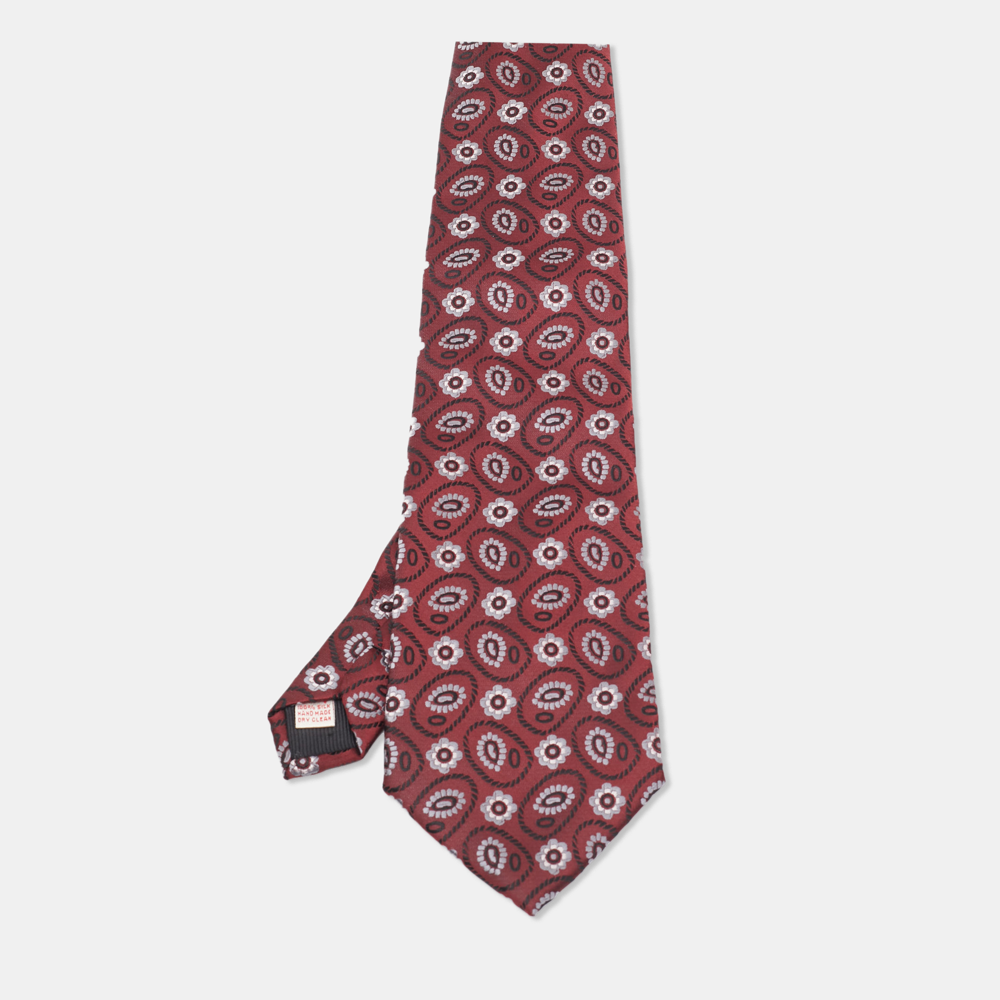 

Brioni Maroon Floral Motif Silk Traditional Tie, Red