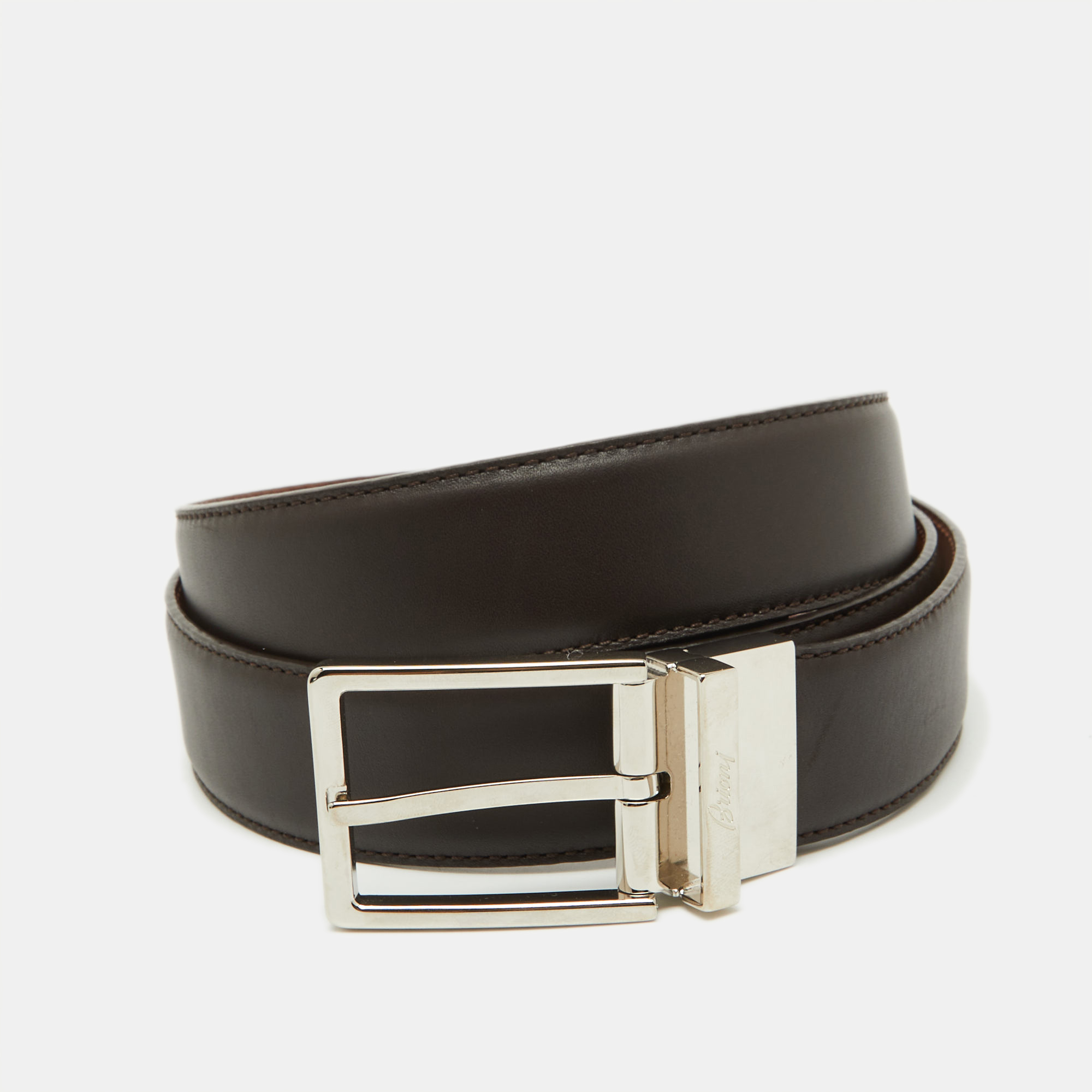 

Brioni Dark Brown Leather Cut to Size Reversible Buckle Belt