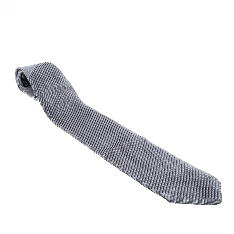 Pre Owned Brioni Grey Striped Silk Textured Pleat Detail Tie