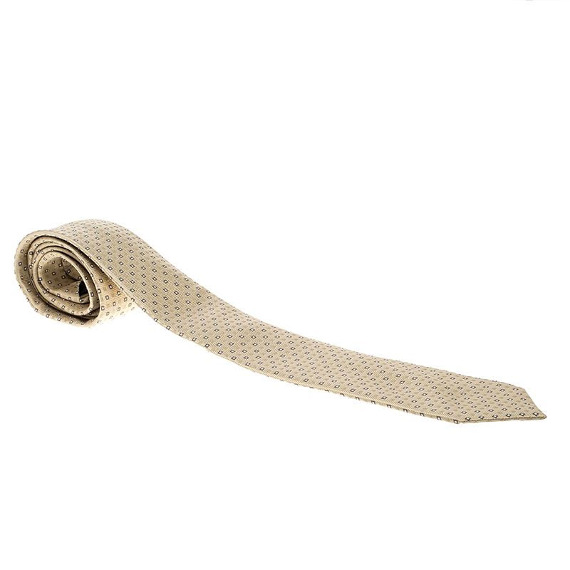 Pre Owned ربطة عنق بريوني جاكارد حرير بنقوش مربعات صغيرة كريمية