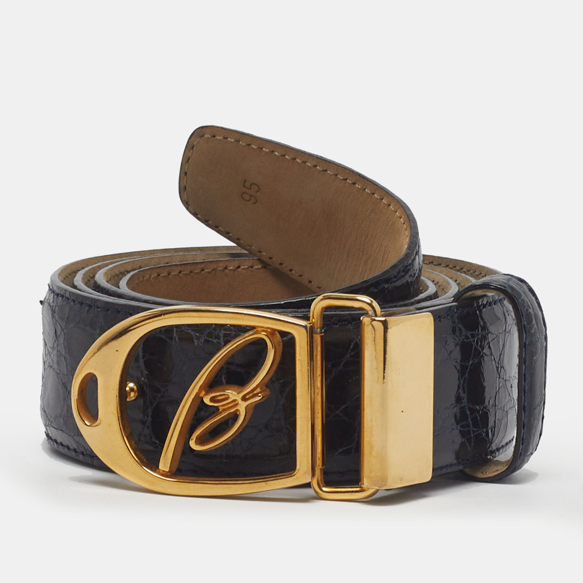 Brioni Logo Buckle Belt Navy Blue Crocodile Embossed Leather