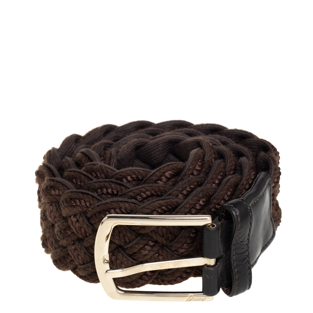 

Brioni Mocha Brown Braided Fabric Buckle Belt