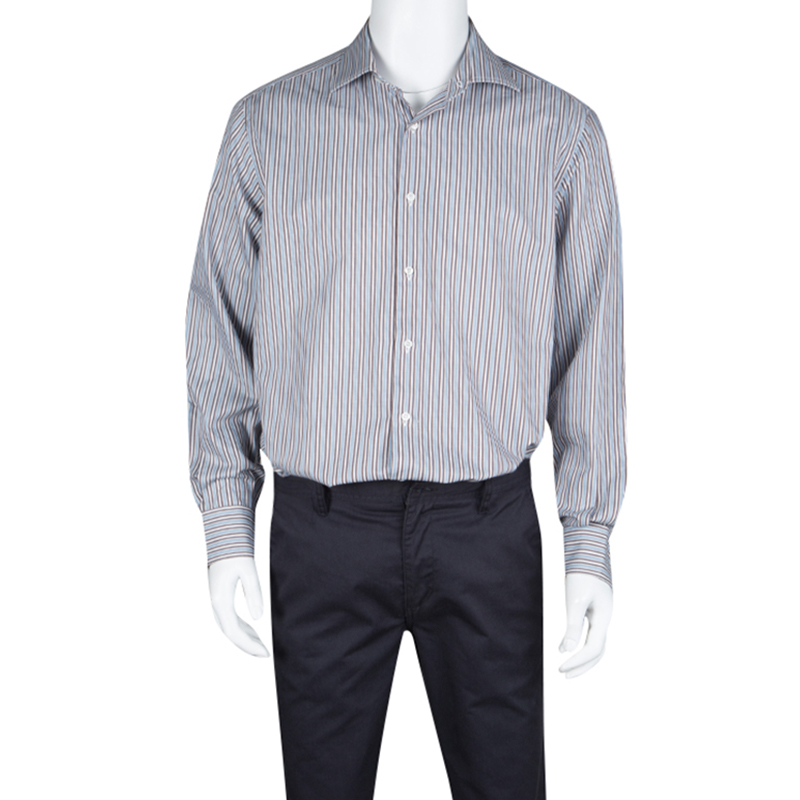 

Brioni Multicolor Striped Cotton Long Sleeve Button Front Shirt