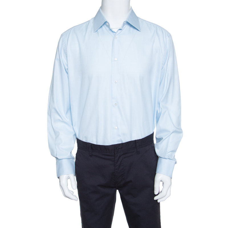 Brioni Light Blue Cotton Herringbone Pattern Long Sleeve Button Front Shirt 2XL