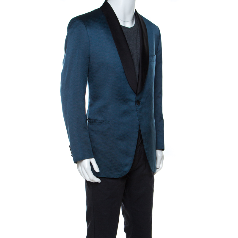 

Brioni Blue Silk Jacquard Slim Fit Double Breasted Tuxedo Blazer