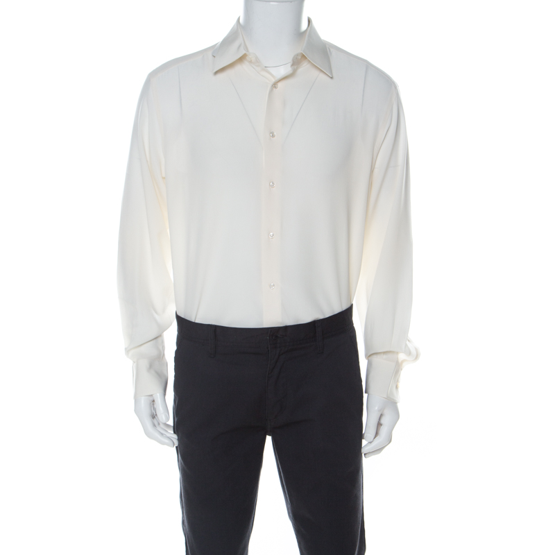 Brioni Cream Silk Button Front Shirt L