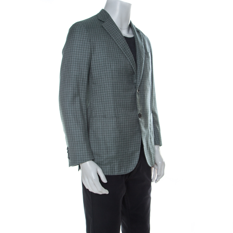 

Brioni Green Checked Cashmere Silk Plume Jacket