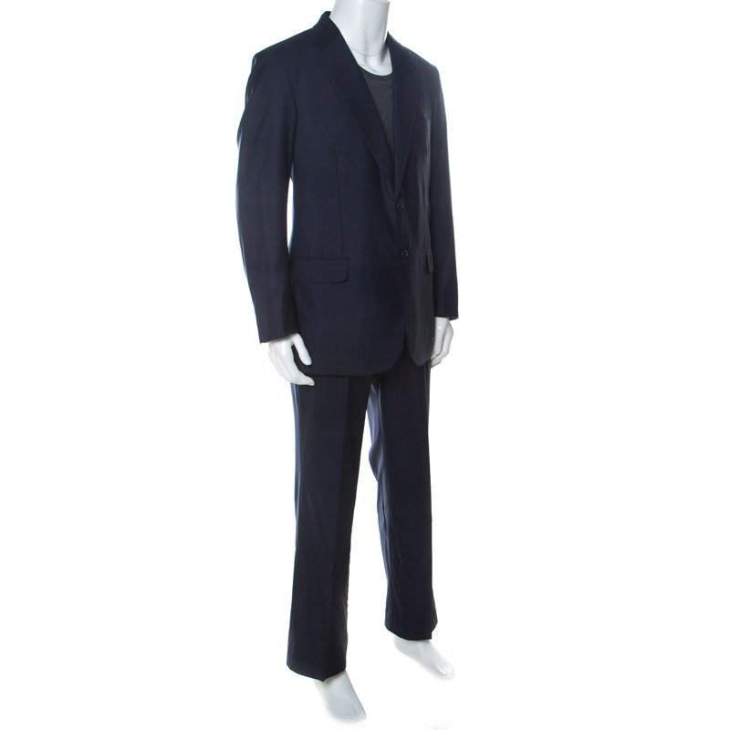 

Brioni Navy Blue Wool and Silk Striped Parlamento Suit