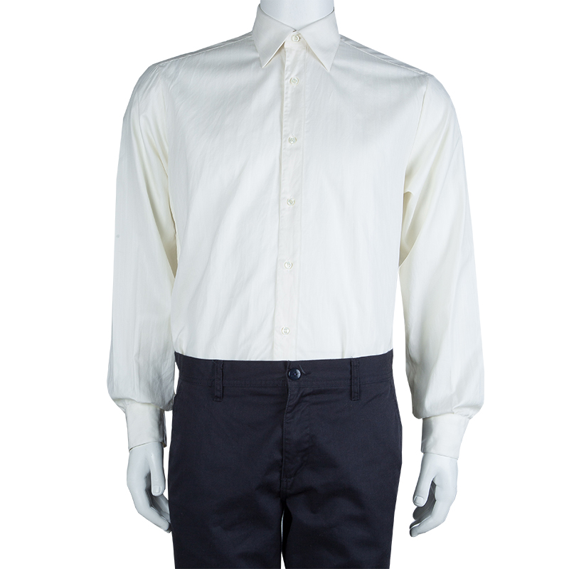 

Brioni Off-White Herringbone Striped Long Sleeve Buttondown Cotton Shirt, Cream