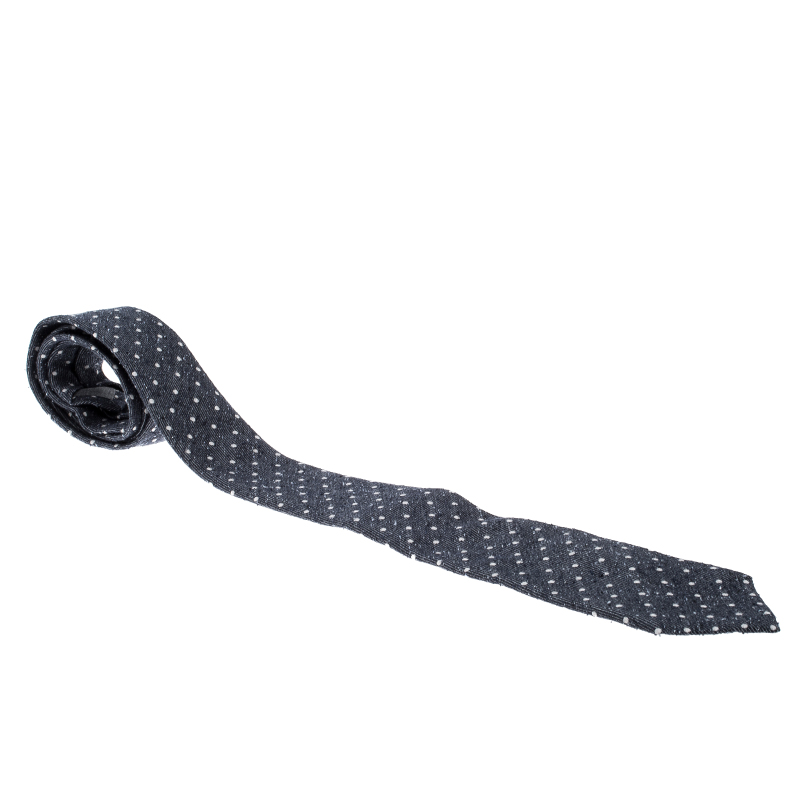 Brunello Cucinelli  Blue Textured Silk and Cashmere Polka Dotted Tie