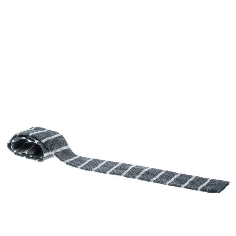 Pre Owned Brunello Cucinelli Grey Striped Cotton Knit Flat Bottom Skinny Tie