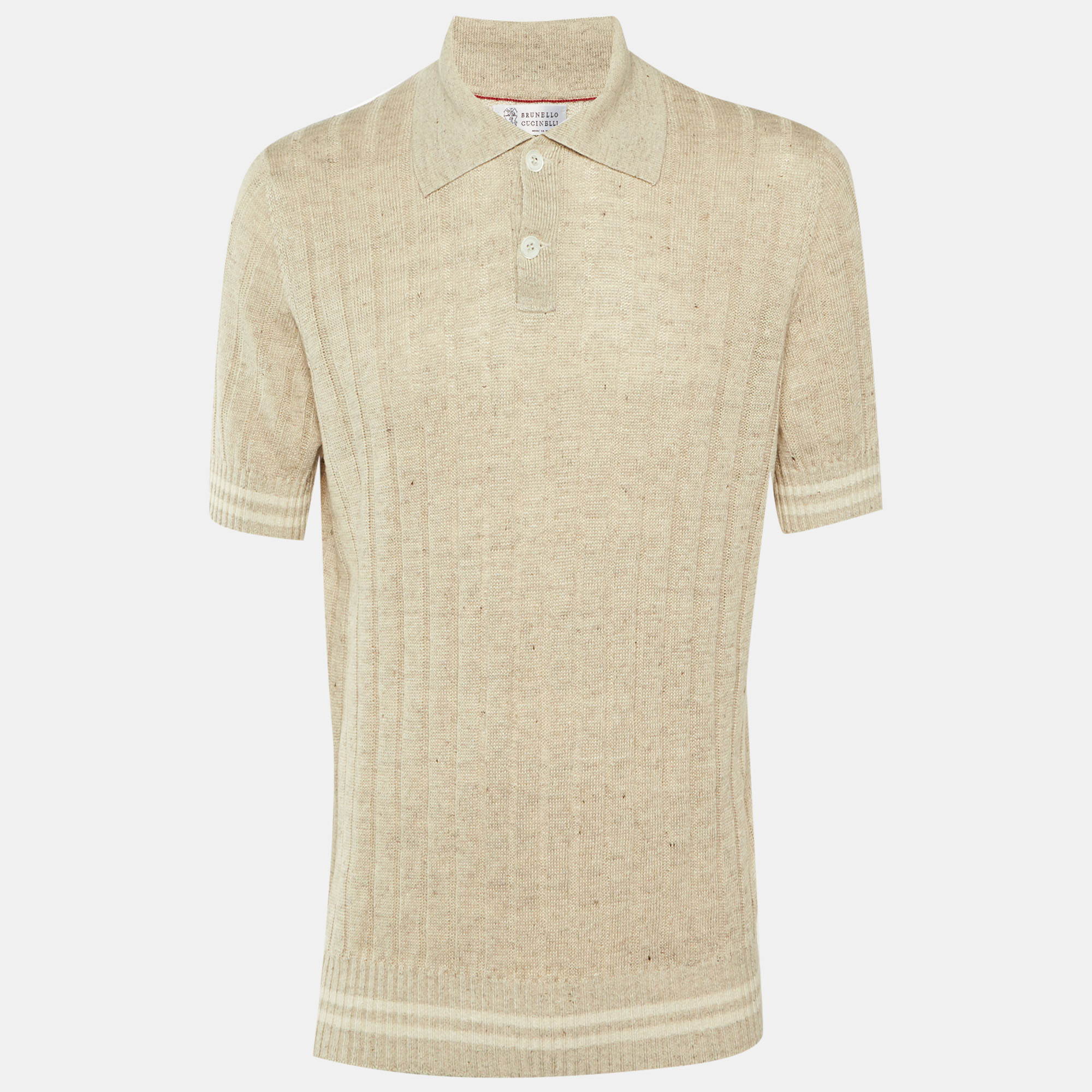 

Brunello Cucinelli Beige Linen & Cotton Rib Knit Polo T-Shirt L