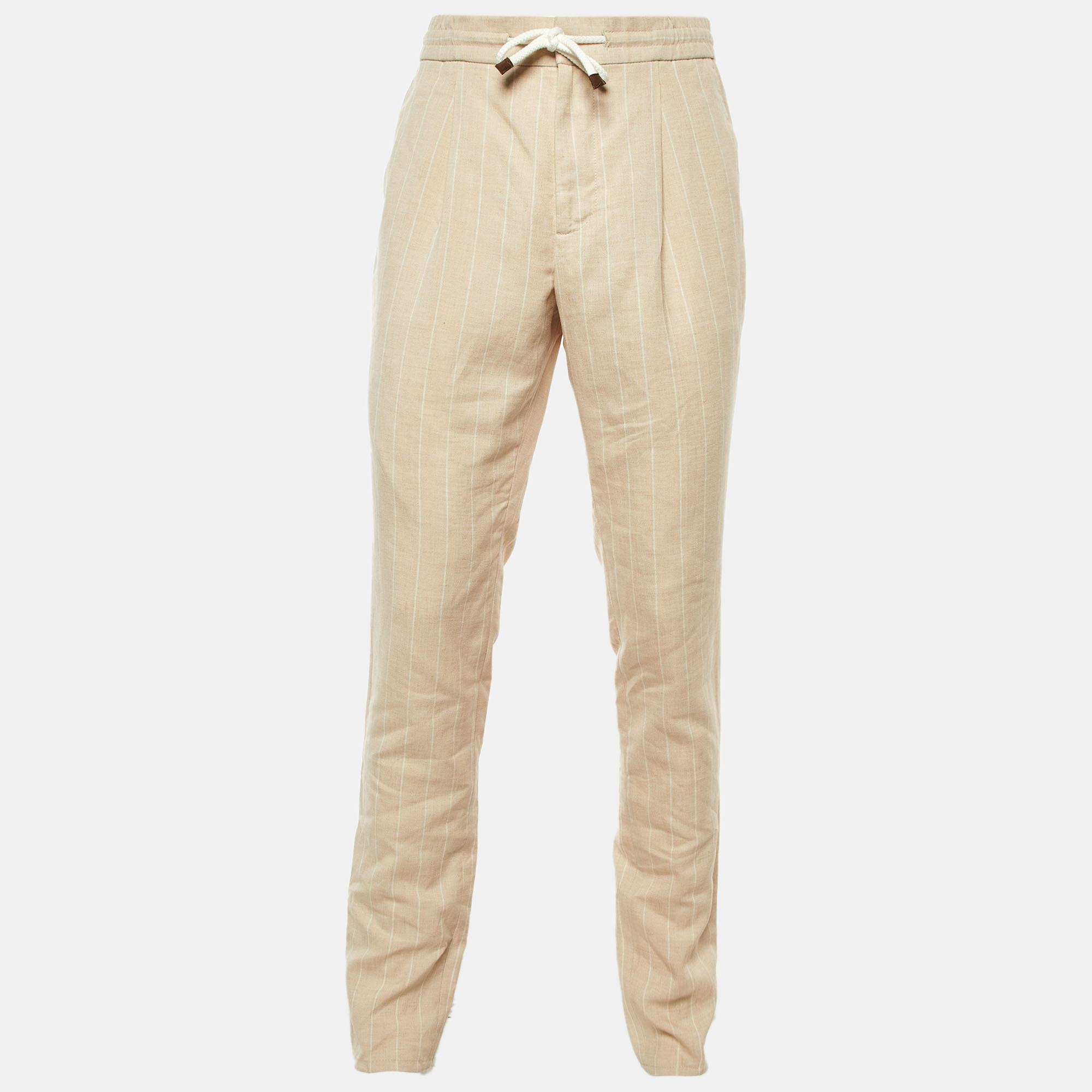 

Brunello Cucinelli Beige Striped Linen & Wool Leisure Fit Pants M