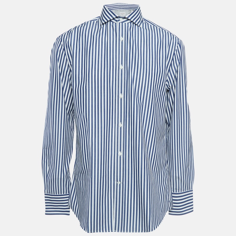 

Brunello Cucinelli White/Blue Pinstripe Cotton Slim Fit Shirt