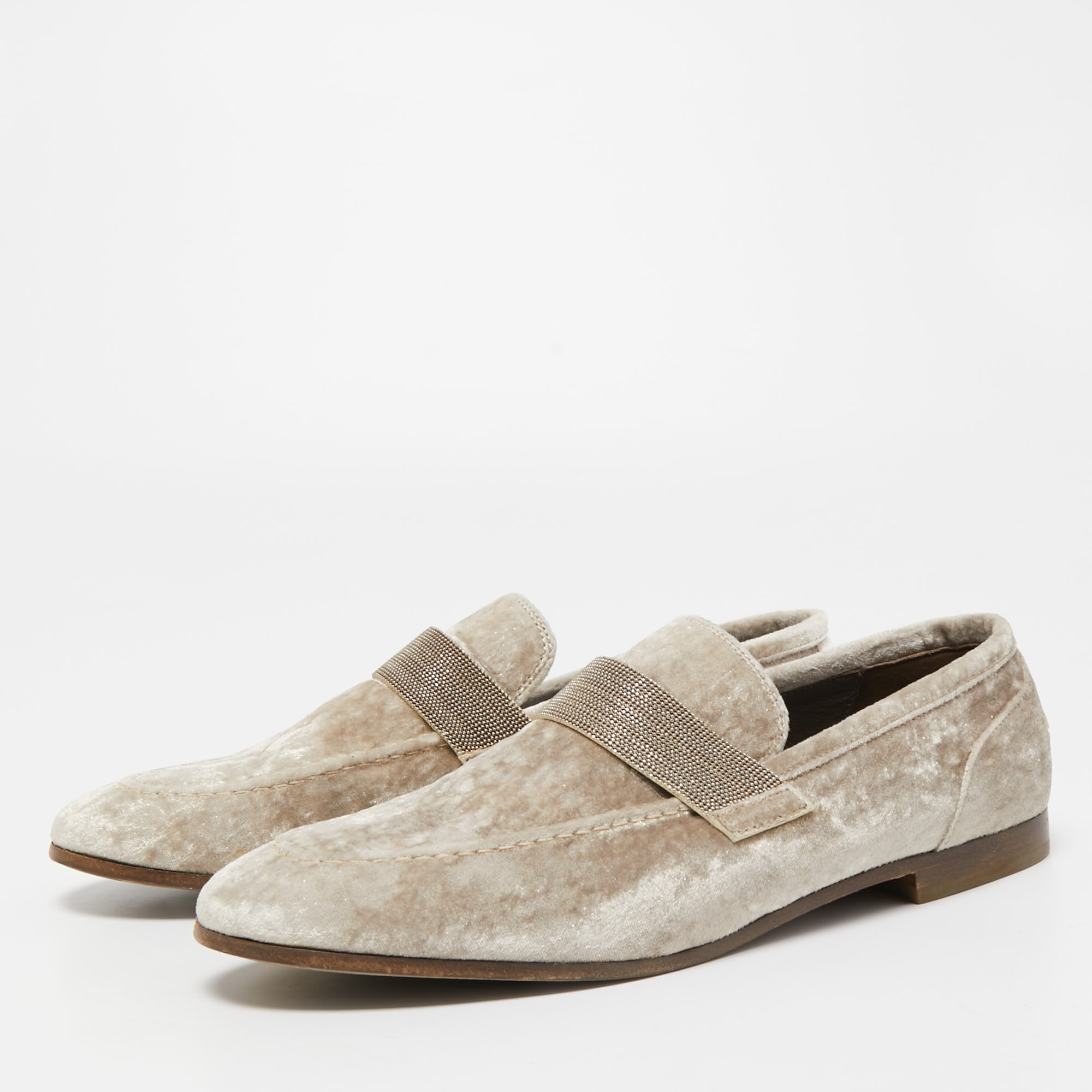 

Brunello Cucinelli Light Grey Velvet Embellished Slip On Loafers Size