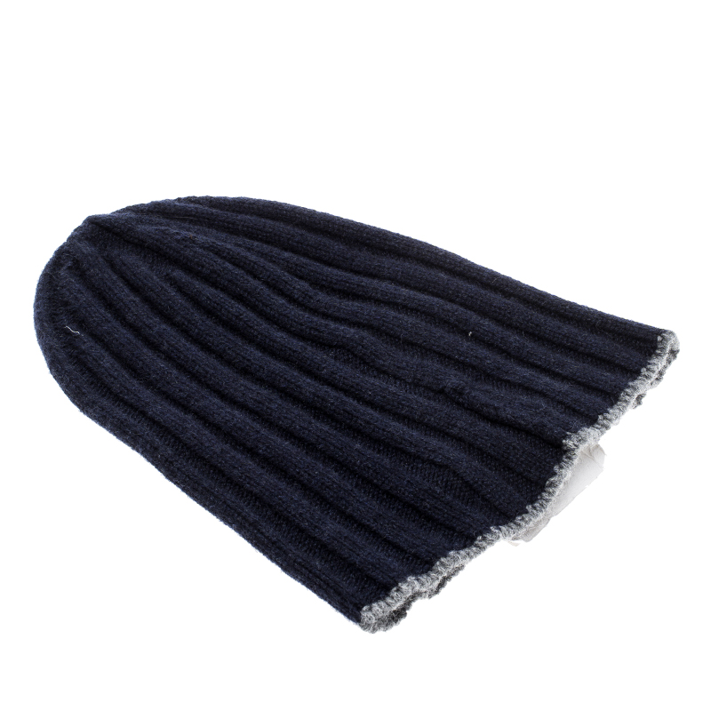 Pre Owned Brunello Cucinelli Navy Blue Cashmere Rib Knit Beanie