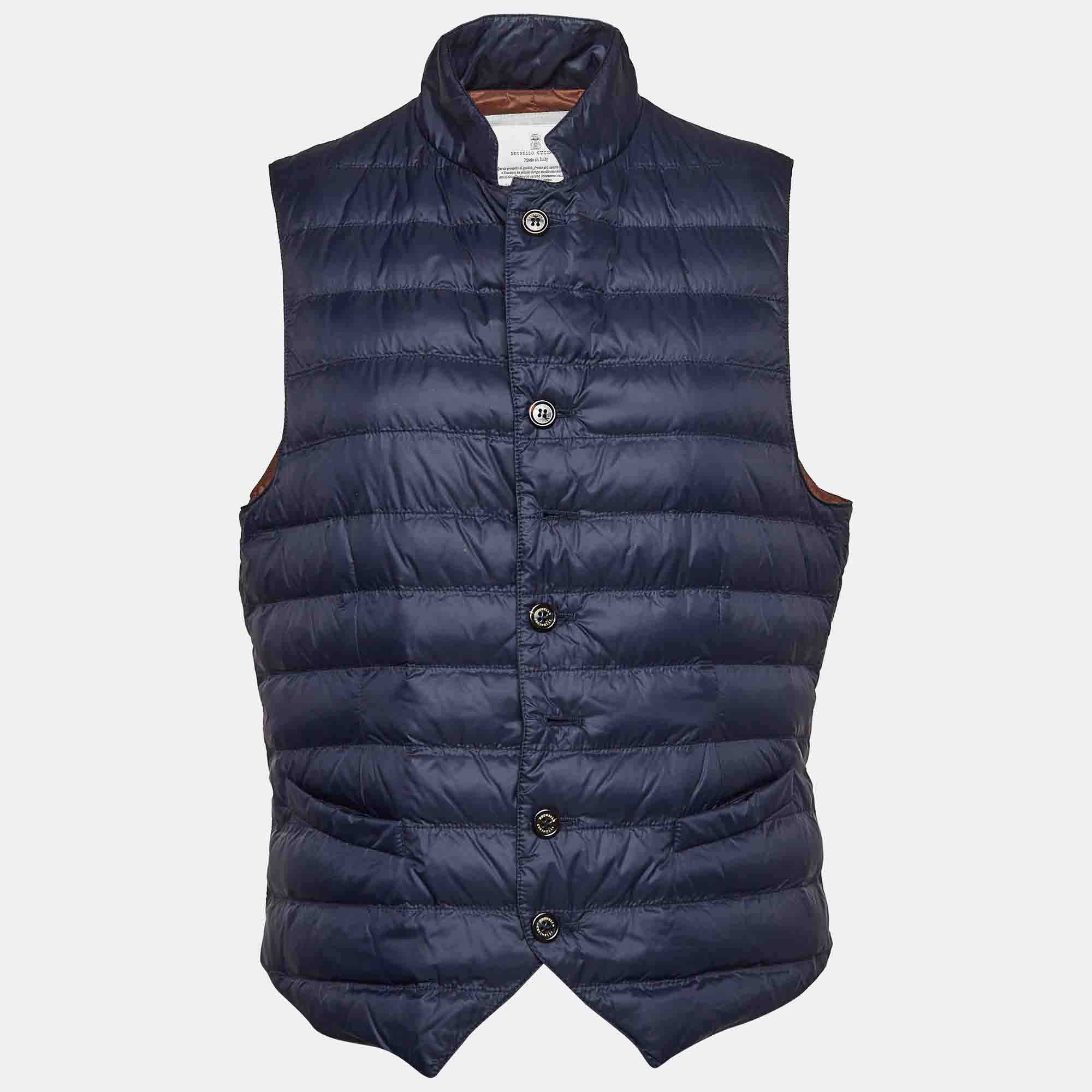 

Brunello Cucinelli Navy Blue Synthetic Buttoned Front Puffer Vest L