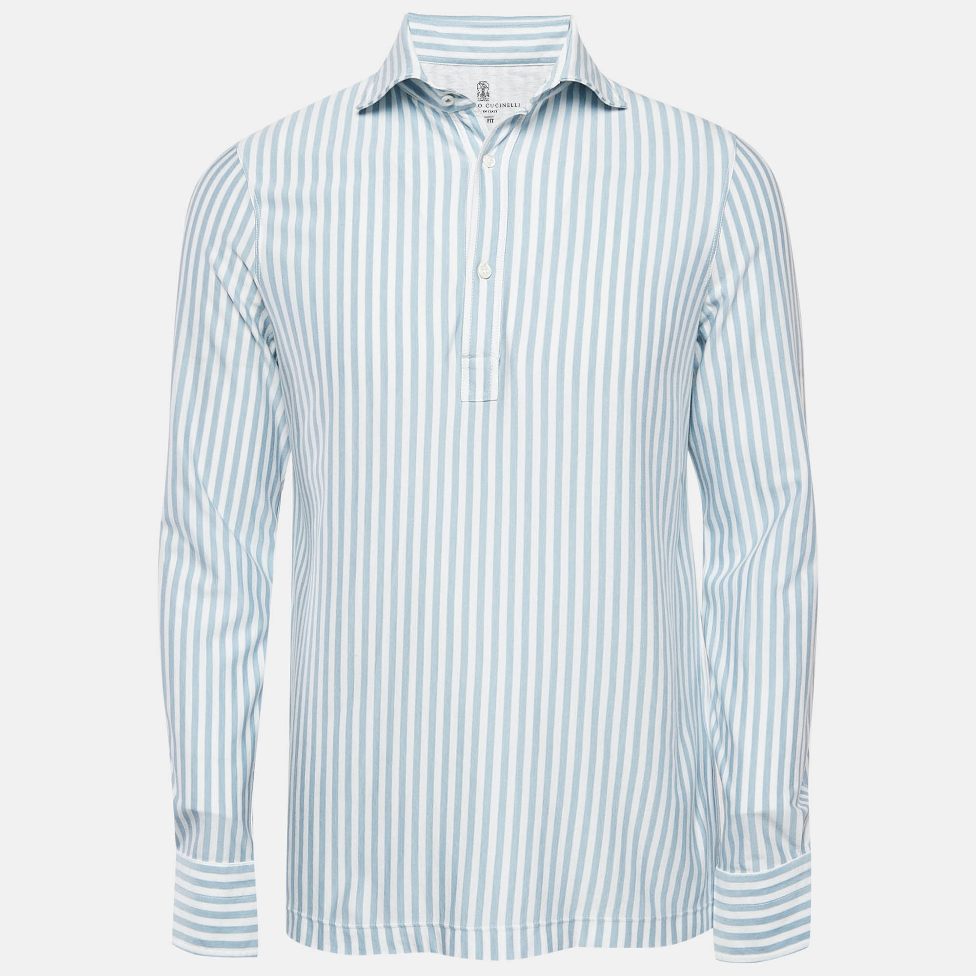 

Brunello Cucinelli White/Blue Stripe Cotton Half Placket Shirt M