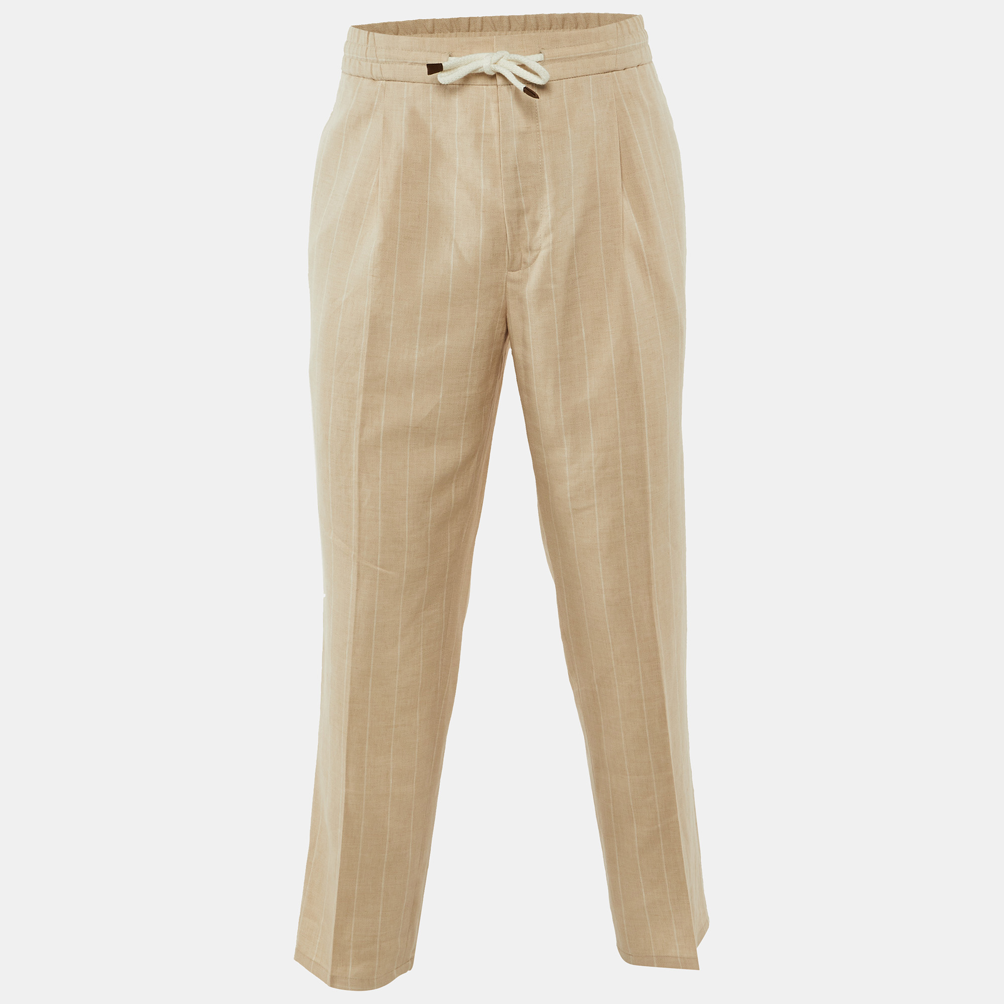 

Brunello Cucinelli Pinstripe Linen and Wool Leisure Fit Trousers XXXL, Beige