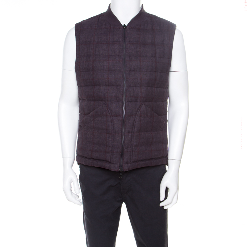 

Brunello Cucinelli Bicolor Linen Wool Checked Sleeveless Reversible Puffer Jacket/Vest, Purple